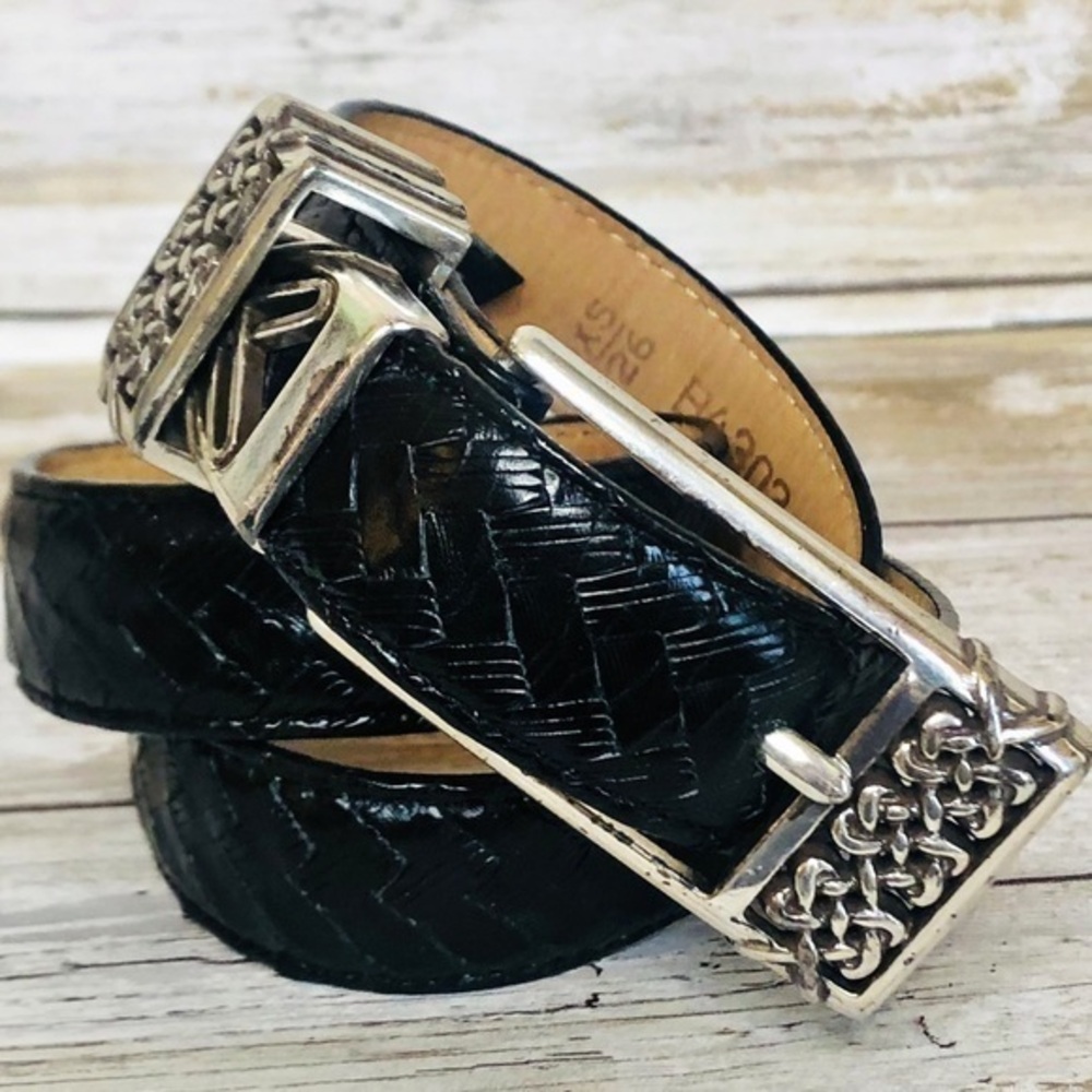 Brighton Black Leather Embossed Belt w/ Silver Tone Scrollwork Vintage Size 26